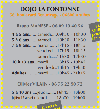 Les horaires de cours du JCA au dojo de la Fontonne