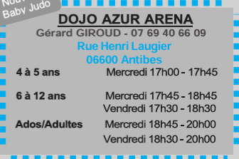 Horaires de cours au dojo de l'Azur Arena