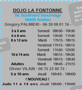 Horaires de cours au dojo de la Fontonne.