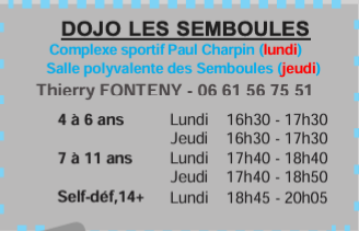 Horaires de cours au dojo des Semboules